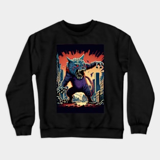 Giant Angry blue Cat attacking a city Crewneck Sweatshirt